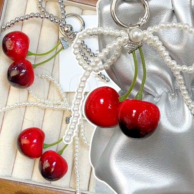 Cherry Lace Bowknot Keychain - Cute Simulated Cherry Keychain - Pearl ...
