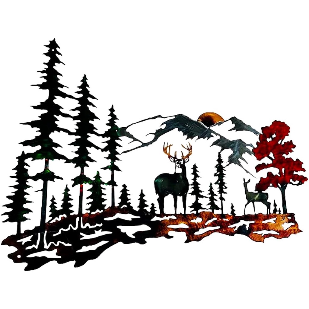 CHIBEL Metal Deer Wall Decor Forest Deer Mountain Metal Wall Art Rustic