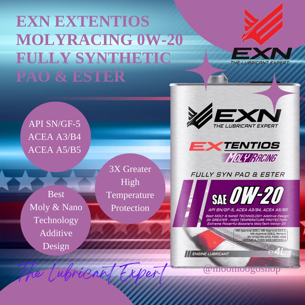 EXN EXTENTIOS MOLYRACING SAE 0W-20 0W20 API SN/GF-5 FULLY SYNTHETIC PAO ...