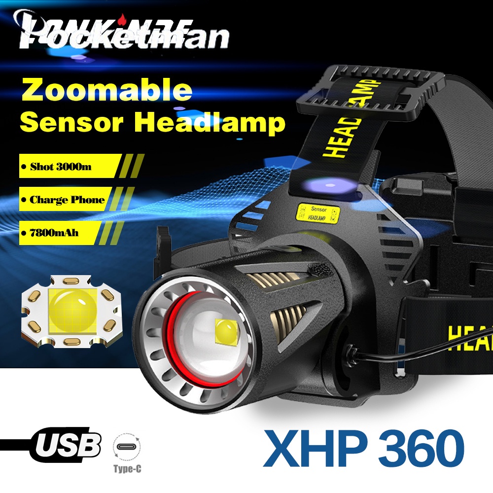 High Lumens XHP360 LED Headlamp USB-C Rechargeable Headlight Zoomable ...