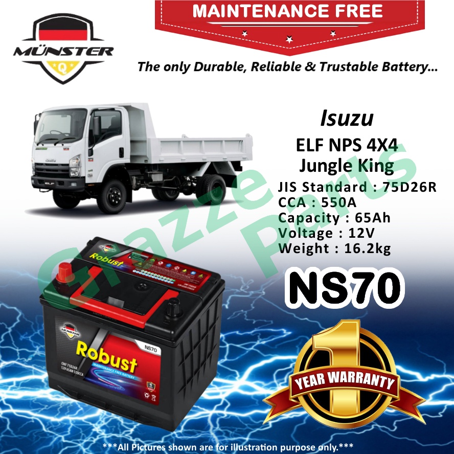 Münster Robust MF CMF NS70 | NS70R | 75D26R (65AH) Car Battery Bateri ...