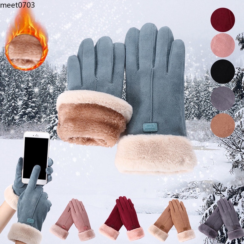 Women Winter Cotton Suede Thicken Warm Gloves Ladies Fashion Thermal Soft Furry Touchscreen 