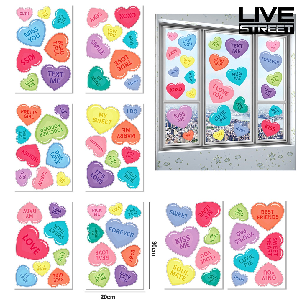 Livestreet 8 Sheets/Set Love Heart Window Cling PVC Reusable Colorful ...