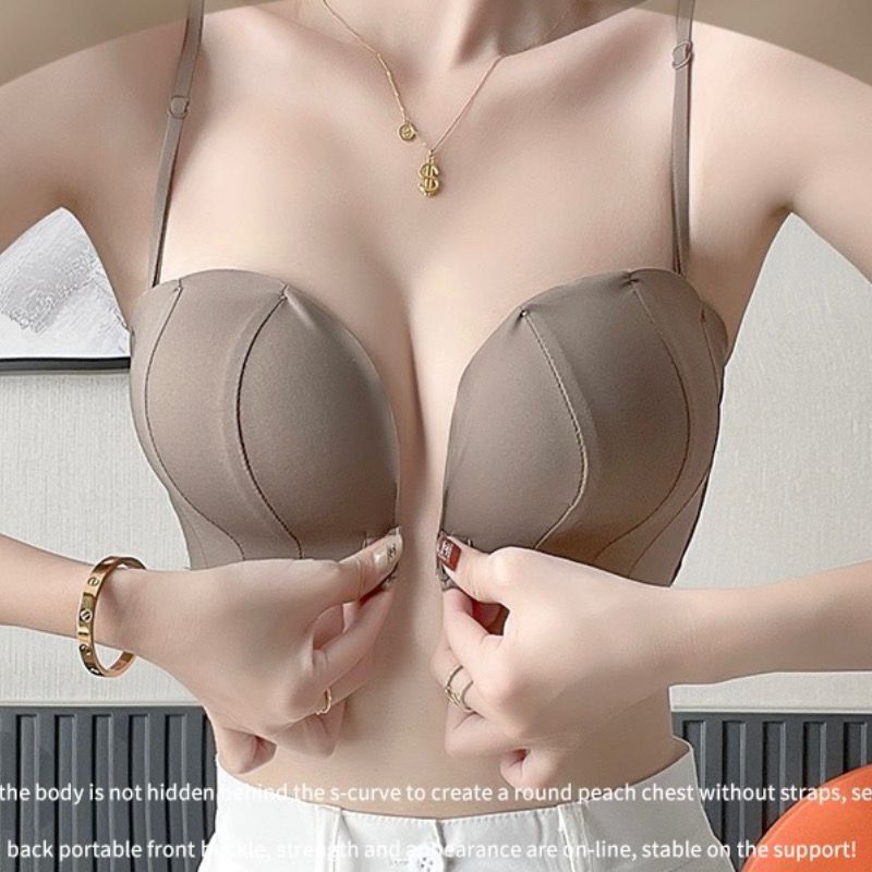 【Sexy lady】 Sexy women's push-up bra strapless front button underwear  women's small breasts push-up show large seamless back sexy bra cover set