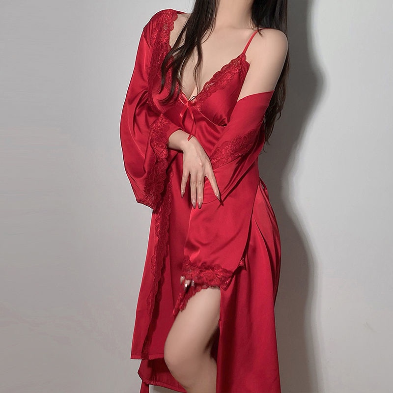 Pajamas Women Sexy Ice Silk New Style Lace Sling Nightdress Nightgown