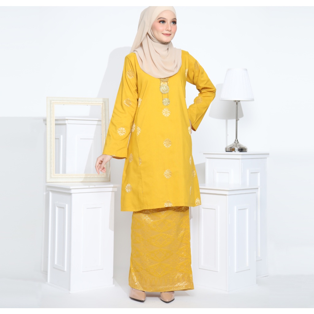 BAJU KURUNG PAHANG SONGKET COTTON TENUN CORAK BUNGA TABUR MUSTARD GOLD