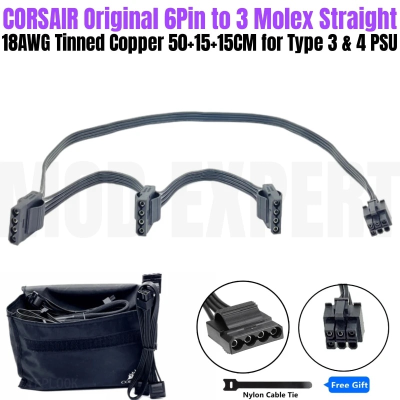 Original New CORSAIR CX550, CX650, CX750 Modular 6Pin to 3x Molex IDE