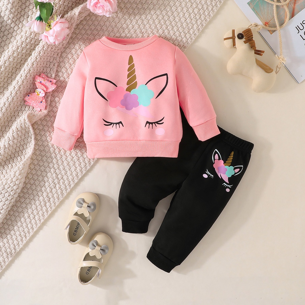 2Pcs Set Baju Budak Perempuan 3-24 Months Newborn Baby Girl Casual Fashion  Cartoon Unicorn Long Sleeve Tee and Long Pants Outfit Toddler Kids Clothing  Suit Baju Kanak Kanak Perempuan