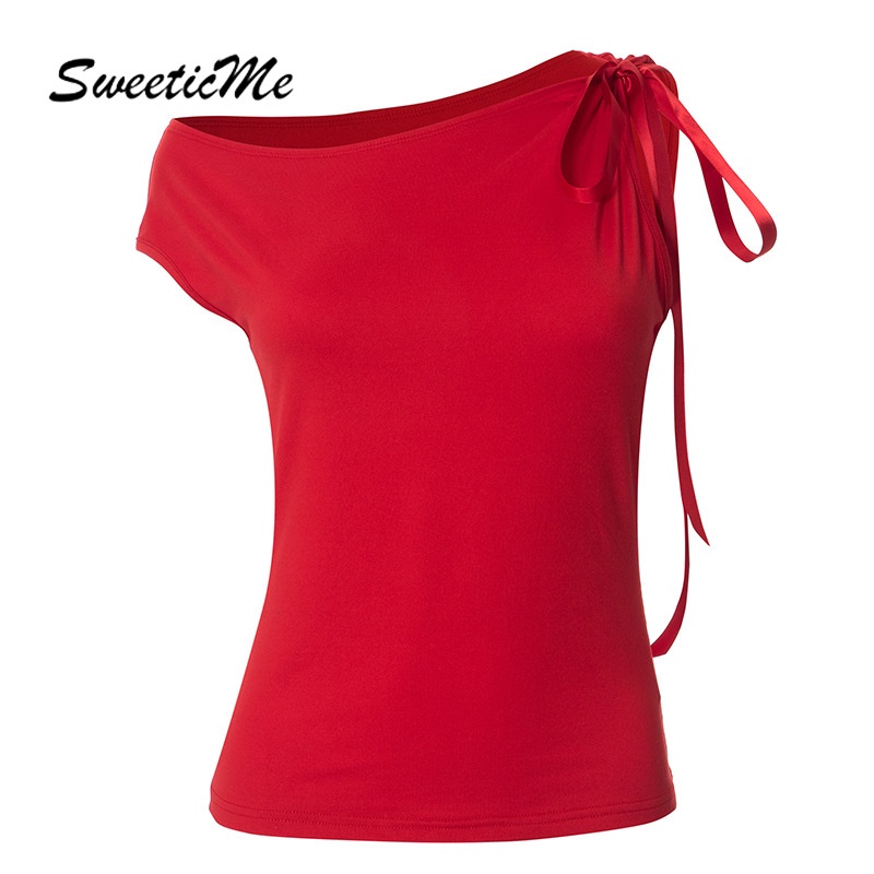 SweeticMe Women's Tops 2023 New Fashion Solid Color Asymmetric Sexy