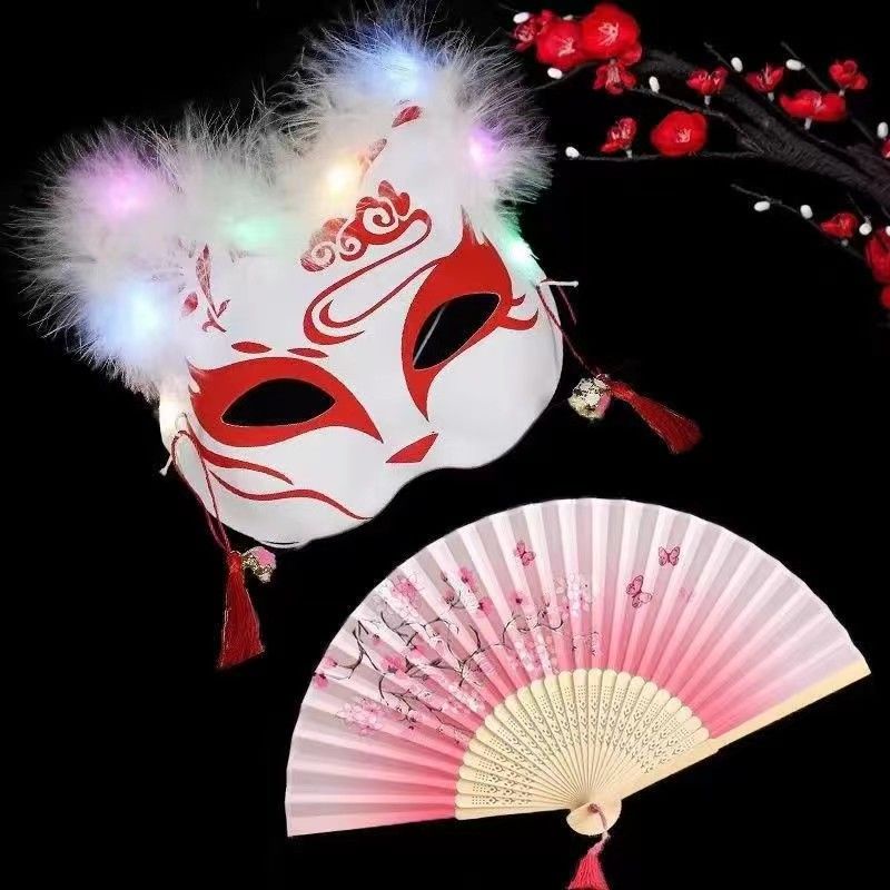 Joy_Ready Stock Fox Mask Feather Luminous with Bamboo Fan Half Cover ...