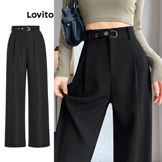 Lovito Casual Plain Metal Belted Eyelets Pants For Women L Ed Black Lovito Celana Bersabuk