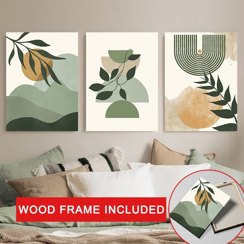 (With Frame）Abstract Green Leaves Wall Art Canvas Painting with Frame ...