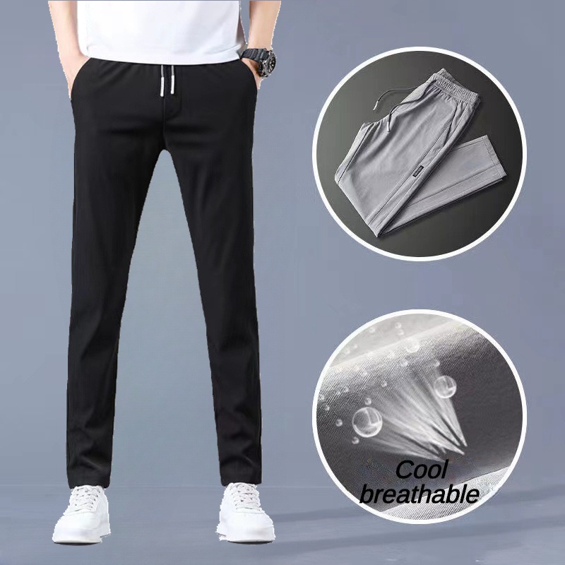 Men's Ice Silk Pants Elastic Breathable Casual Trousers Summer Sports