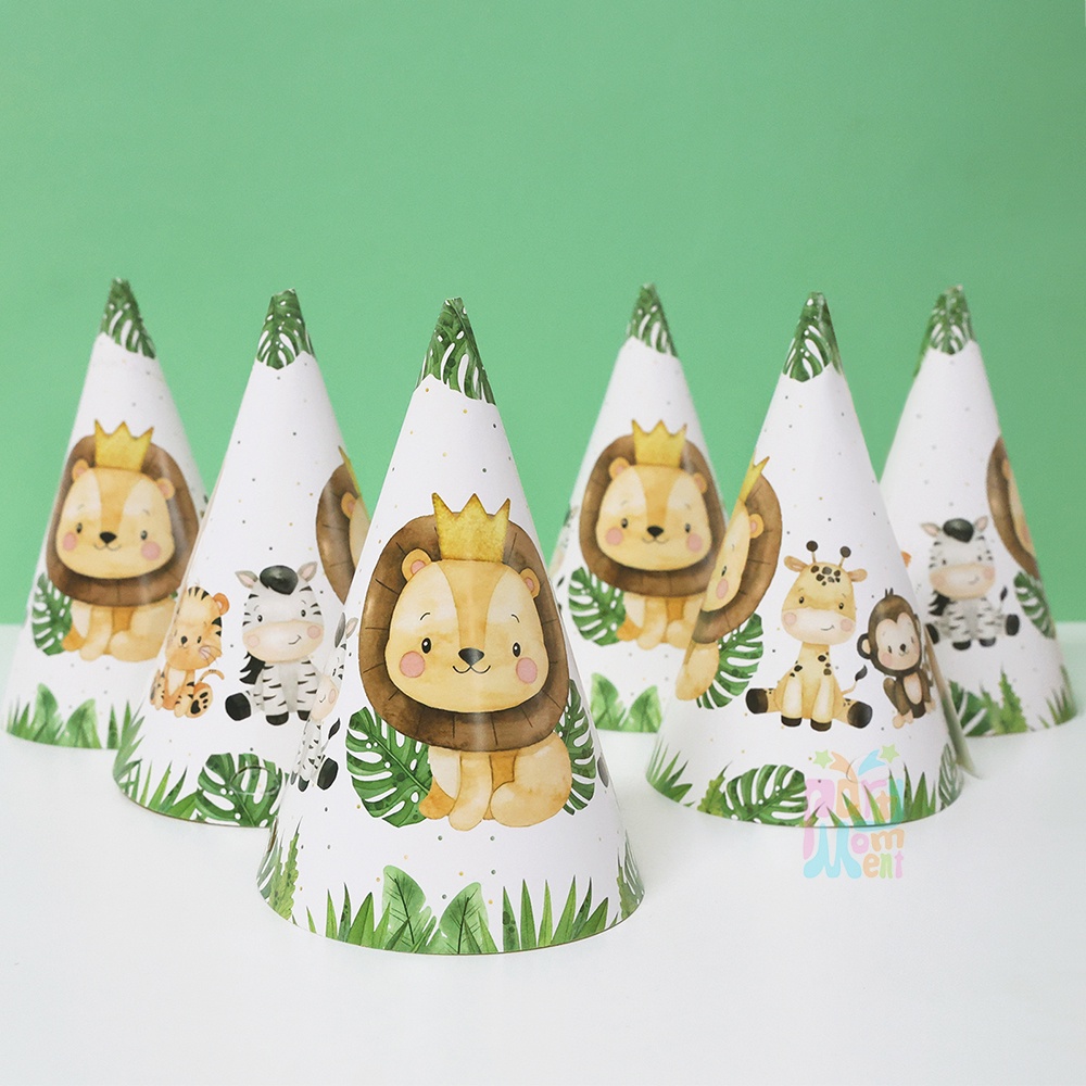 6pcs/set Safari Theme Cute Jungle Animal Printed Birthday Hat Cap