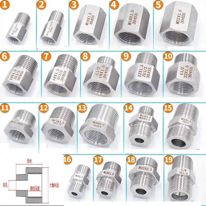 304 Stainless Steel Reducer Pipe Fitting Bushing Connector, M10 M16 M18 ...