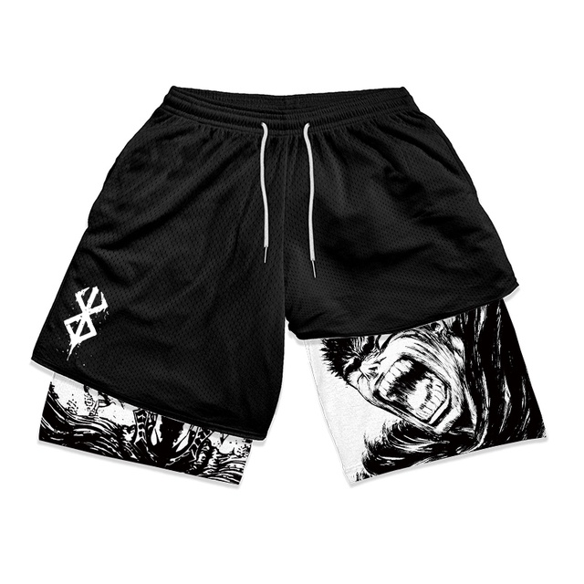 Men's Anime Shorts Berserk Manga Print 2 in 1 Gym Shorts Compression Stretchy Sports Shorts