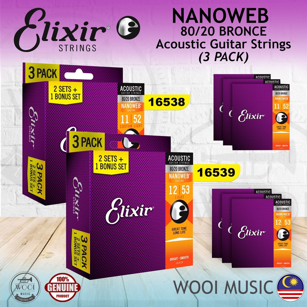 Elixir Nanoweb 80 20 Bronze Acoustic Guitar Strings 11 52 Custom