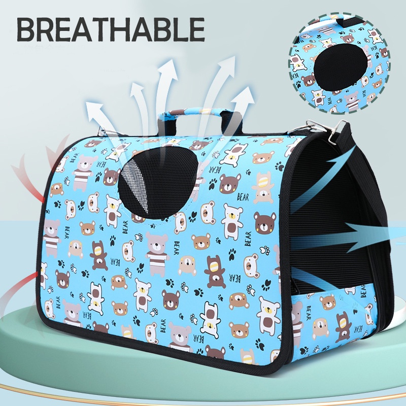 Pet Carrier Bag Cat Dog Large Capacity Folding Travel Carry Breathable Beg Puppy Portable Cage Kucing Blue Bear (L SIZE) | PGMall