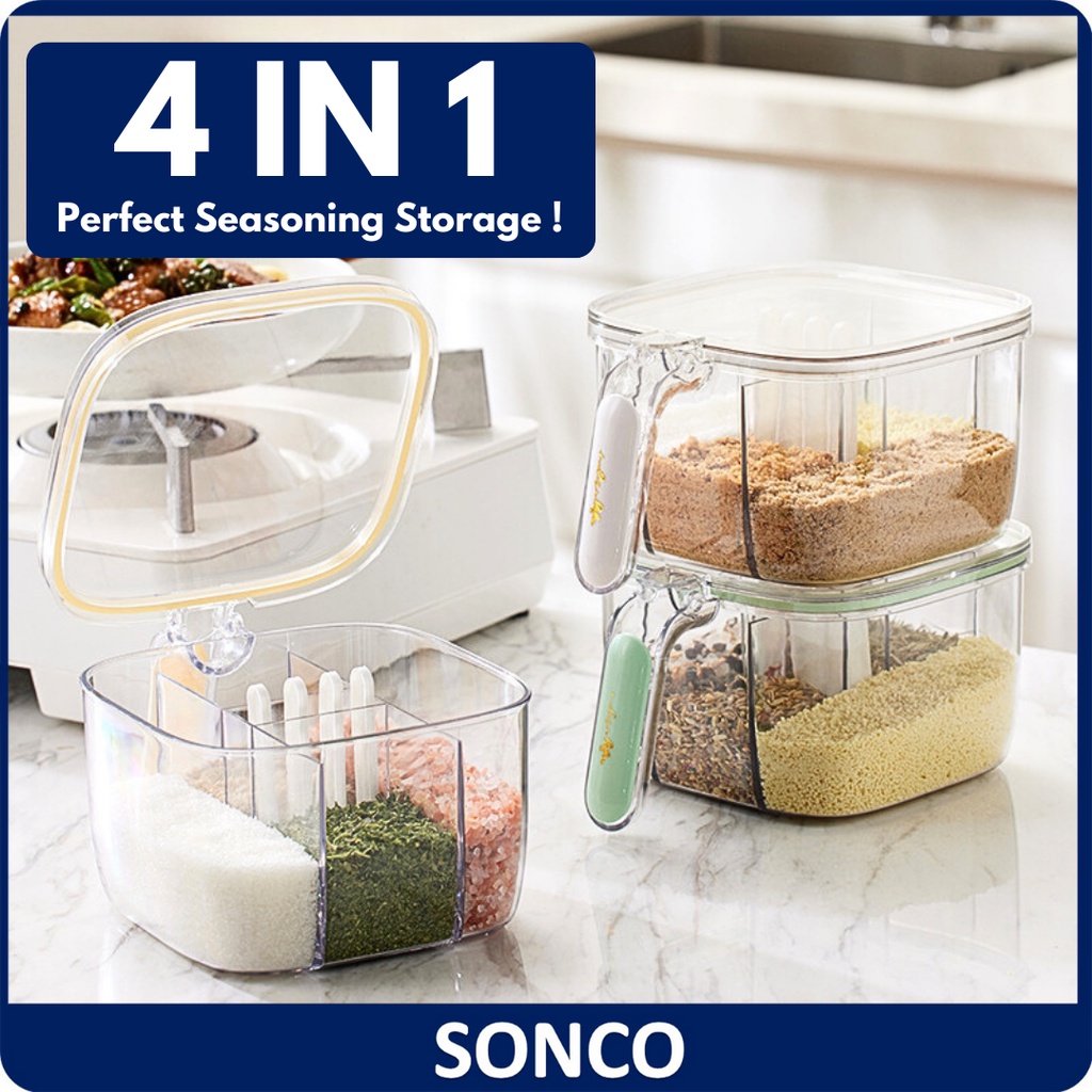 4 Grid Seasoning Storage Box Airtight Structure 4 in 1 Spice Pots ...