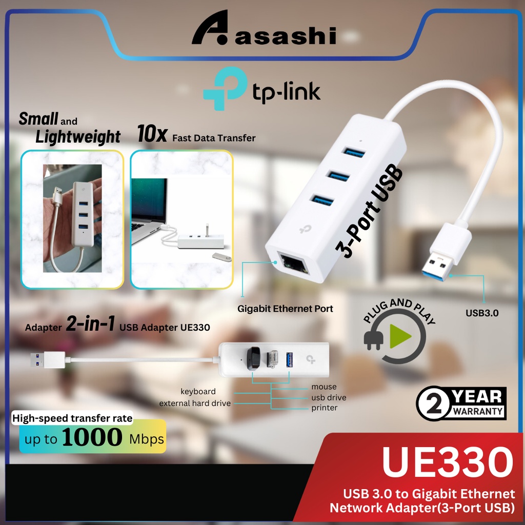 Tp Link Ue330 Usb 3 0 3 Port Hub And Gigabit Ethernet Network Adapter Shopee Malaysia