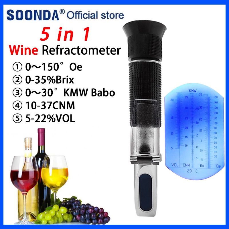 5 in 1 Wine Refractometer 035 Brix Meter 522VOL Alcohol Tester 0～150°Oe 0～30°KMW Babo 10