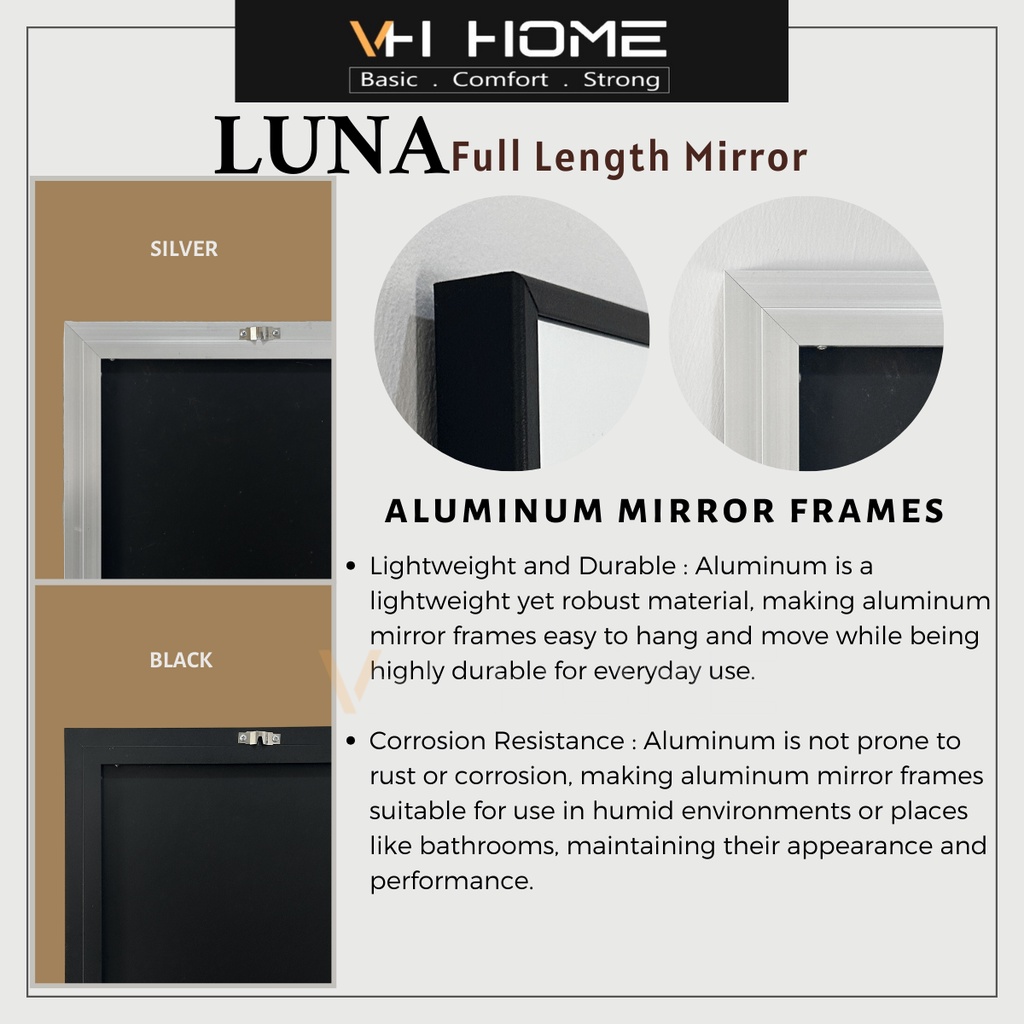 LUNA Full Length Mirror Aluminium Mirror Wood Frame Wall Mirror Hang ...
