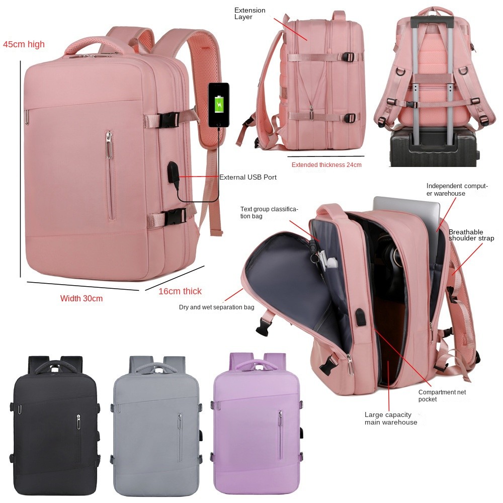 Rechargeable 180° Wide Open Lightweight Travel Backpack Bag Expandable ...