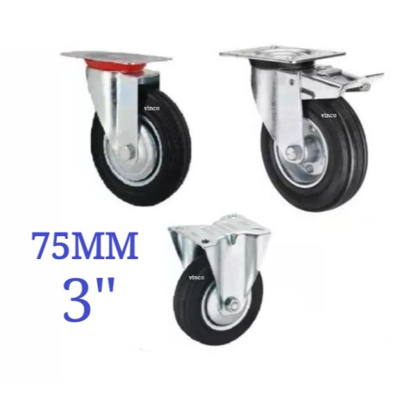 4-Pack Of 3-Inch (75mm) Fixed Rubber Caster Wheels For Furniture & Trolleys - CST01