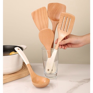 6Pcs/Set Wood Handle 304 Stainless Steel Cooking Tool Sets Turner Rice  Spoon Pasta Server Kitchenware Utensil Accessory Cookware