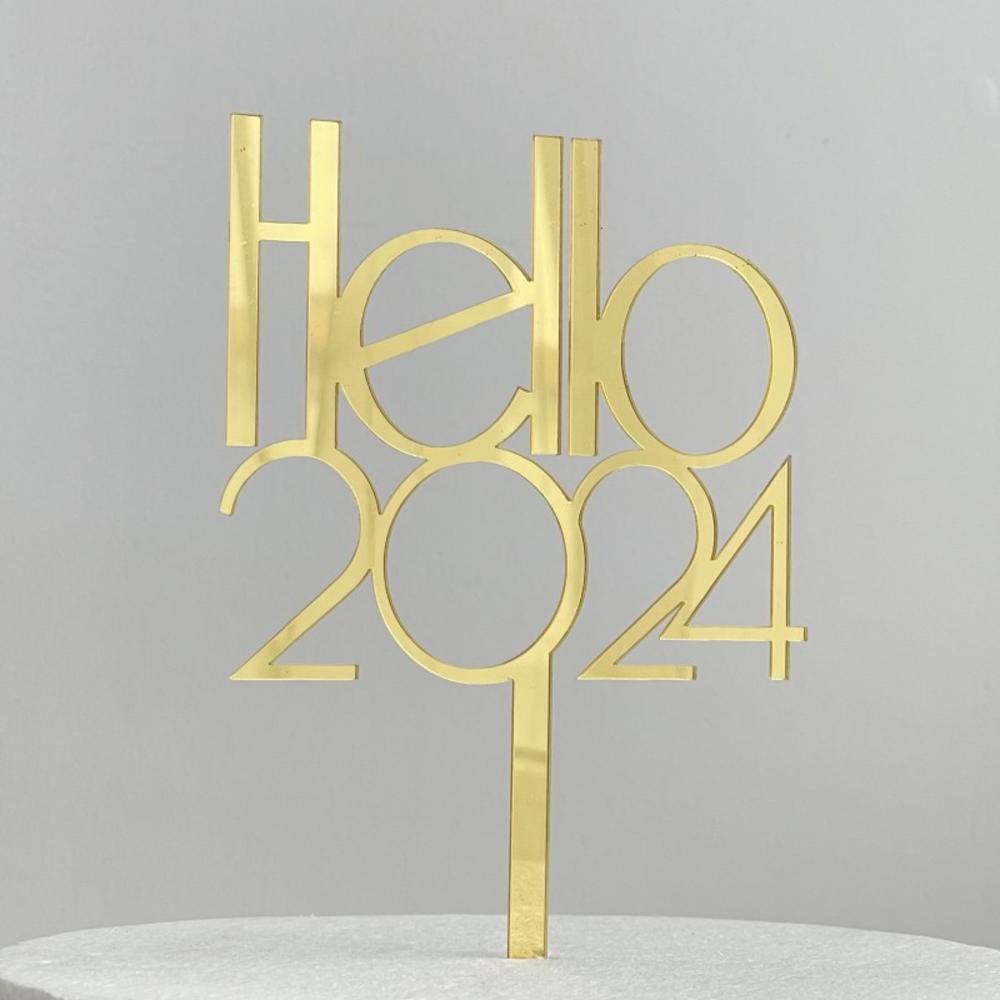 Ins 2024 Party Cake Toppers Golden Acrylic Hello 2024 Cake Topper For