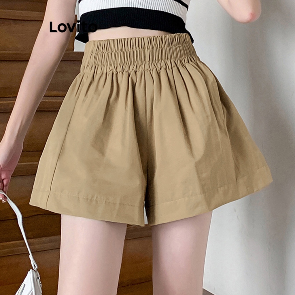 Lovito Casual Plain Pocket Smocked Shorts for Women LNE21097 (Khaki ...