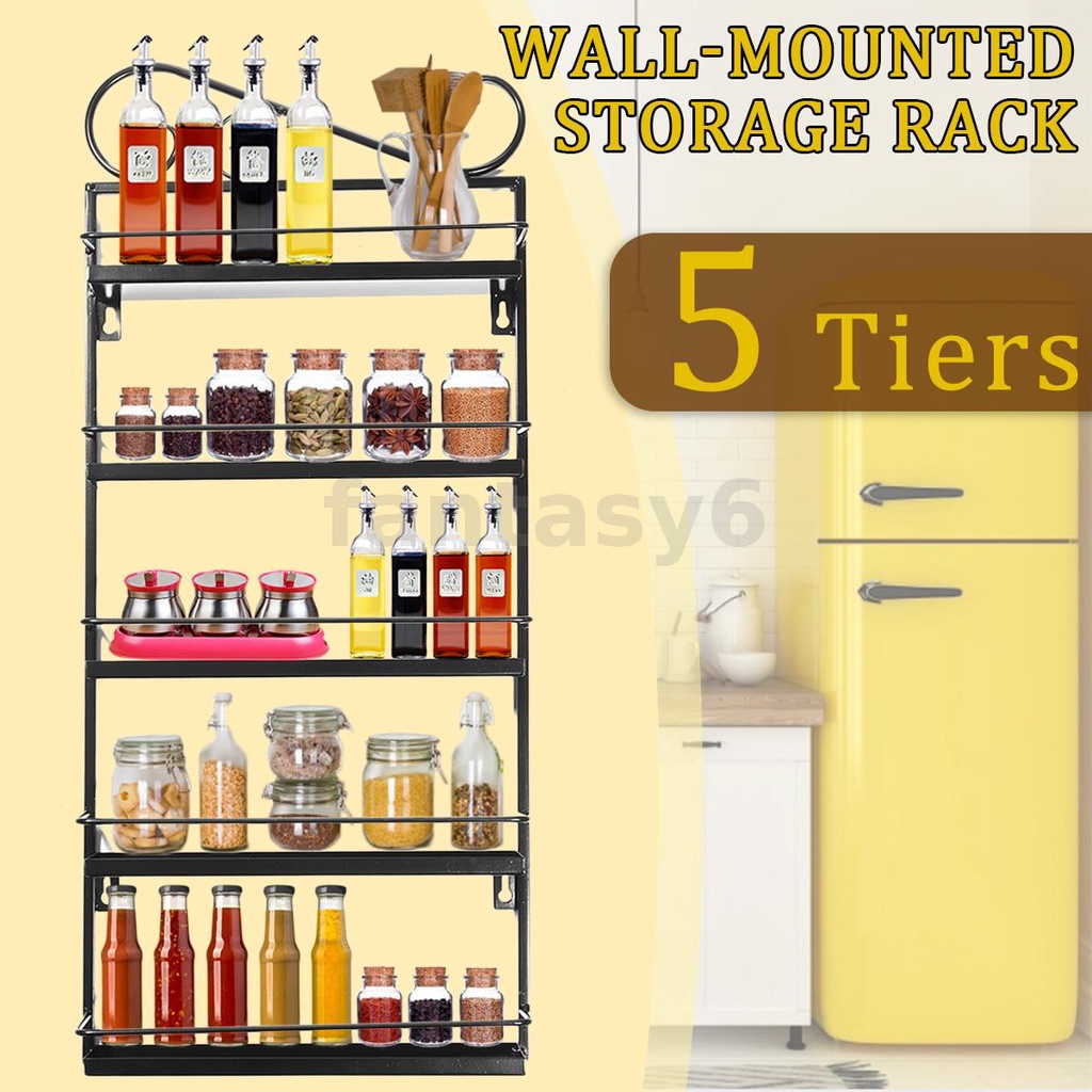 5 Tier Wall Mount Spice Rack Hanging Spice Shelf Storage Seasoning Rack