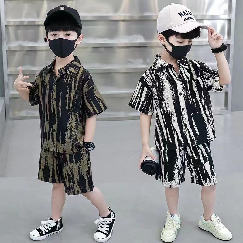 Kids Summer Speckled Ink Shirt Pants Set Boys Short Sleeve Shirt Quick ...