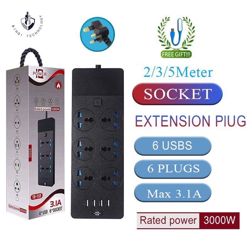 GENUINE] extension plug TB-T12 Power Socket with UK 6 Pin + 4 USB Fast ...