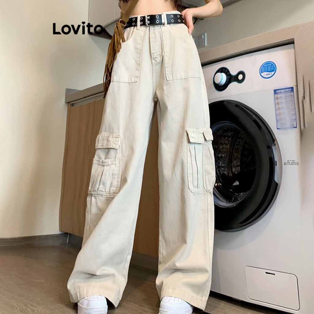 Lovito Casual Plain Pocket Raw Wash Cargo Jeans for Women LNA17183 (Off ...