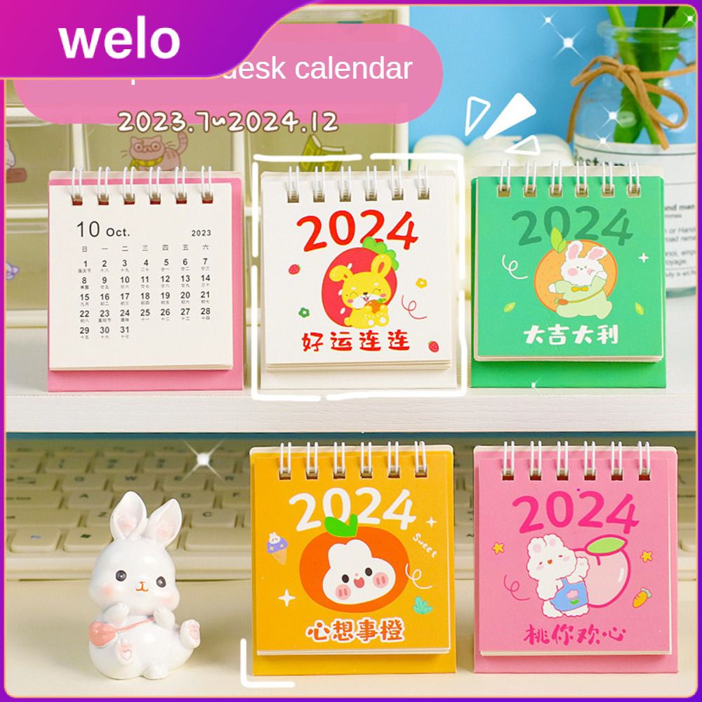 2024 Mini Desktop Calendar Portable Cute Cartoon Rabbits Pattern Table ...