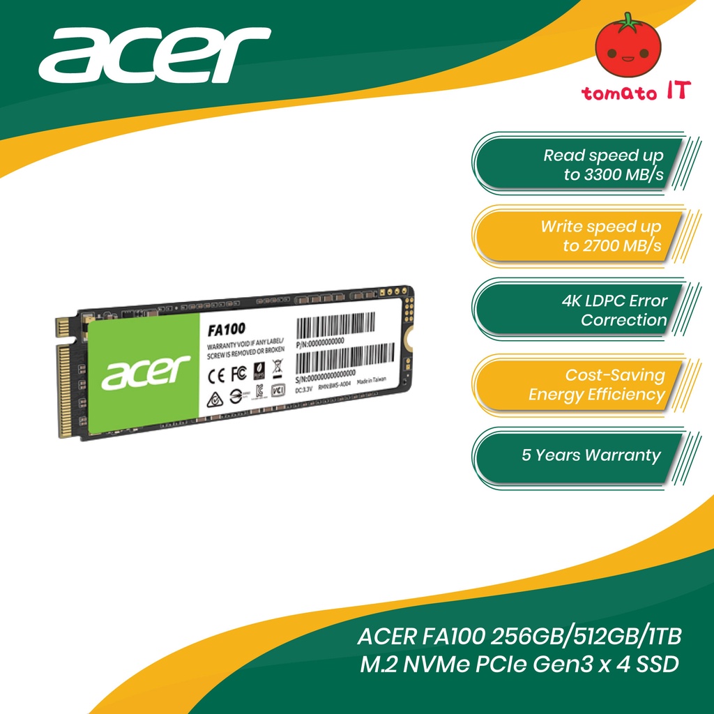 SSD NVMe M.2 Acer FA100 512 Go - Vitesse 3300 Mo/s, PCIe 3.0, Pour Gaming Et PC Portable