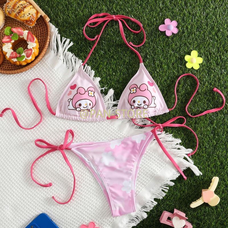 2023 Cute Girl Melody Pink bikini Small Breasts Gathered bikini Seaside ...