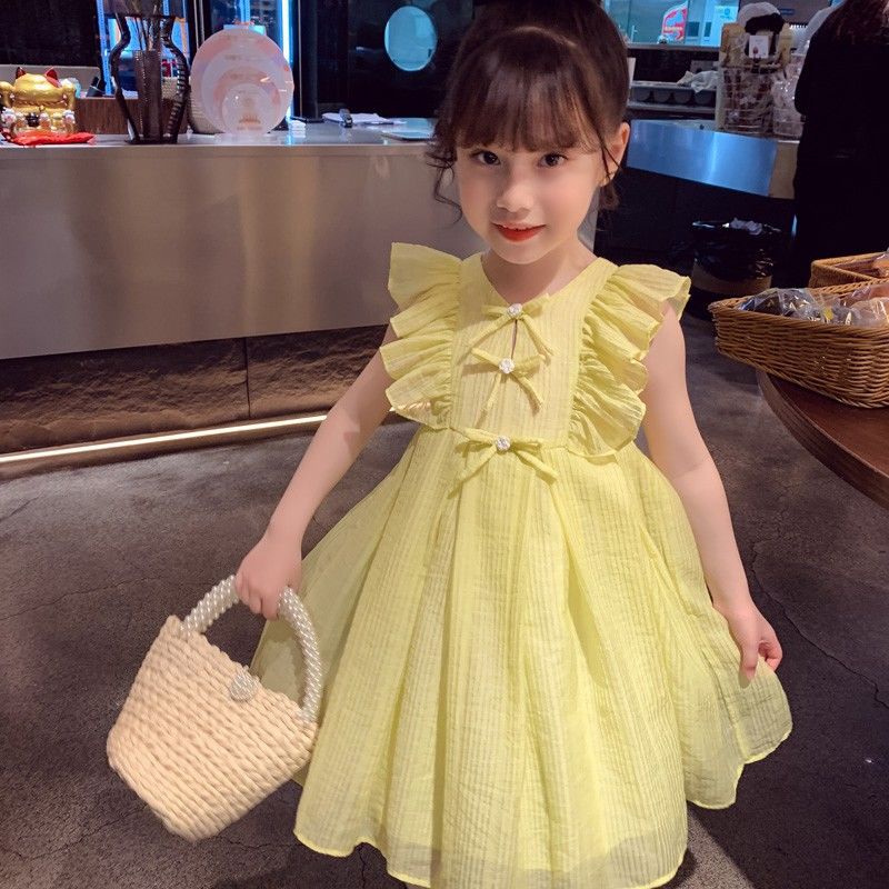 110 Years Old Girls Dress Summer Dress New Yellow Fly Sleeve Princess