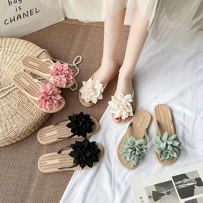 Flower Sandals Women Summer All Match Flat Flip Flops Anti Slip Beach Flat Sandals Shopee Malaysia
