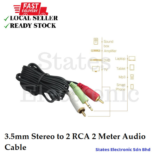 3.5mm Stereo to 2 RCA 2 Meter Long Audio Cable For Smartphones Speakers ...