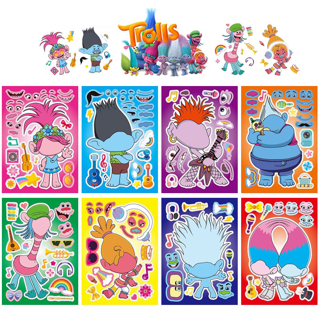 8 Sheets/Bag Trolls Series Puzzle Stickers for Children DIY Face ...