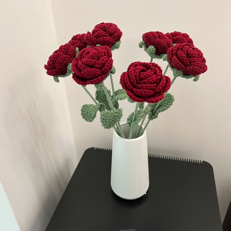 6 Pcs Hand Made Knitted Fake Rose Artificial Flowers for Decoration Crochet Flower, Red