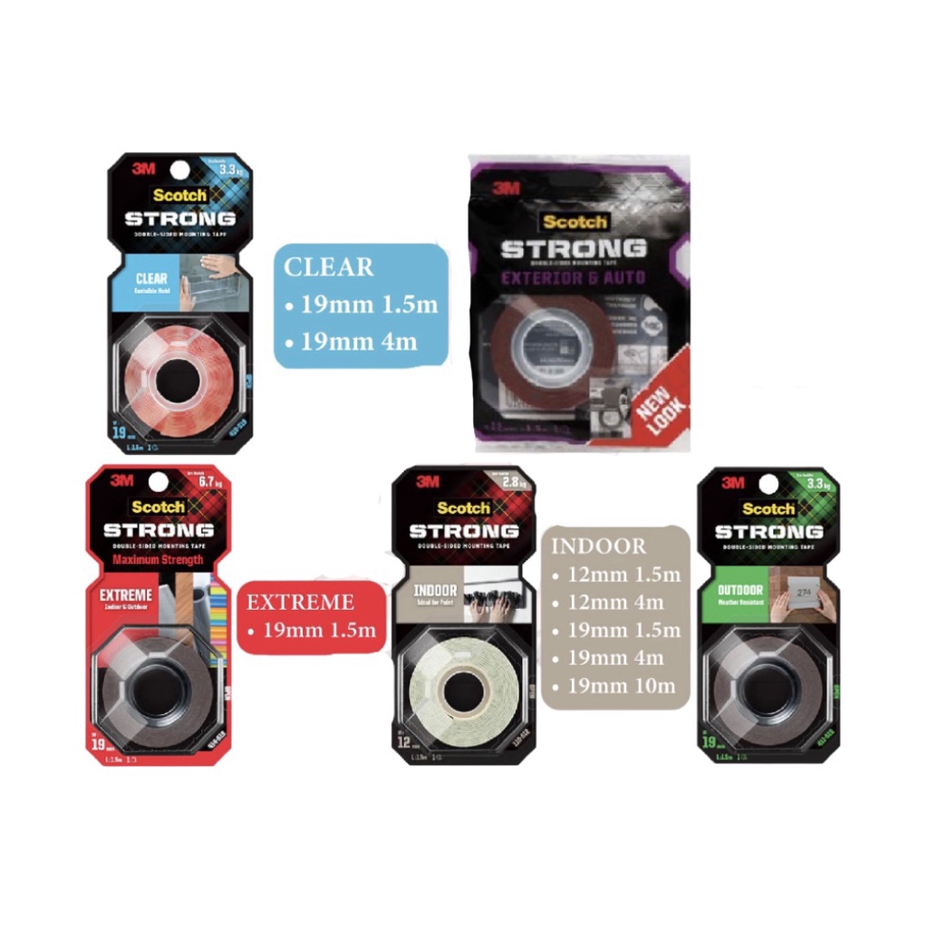 3M Scotch Strong Double Sided Mounting Tape Clear Exterior&Auto