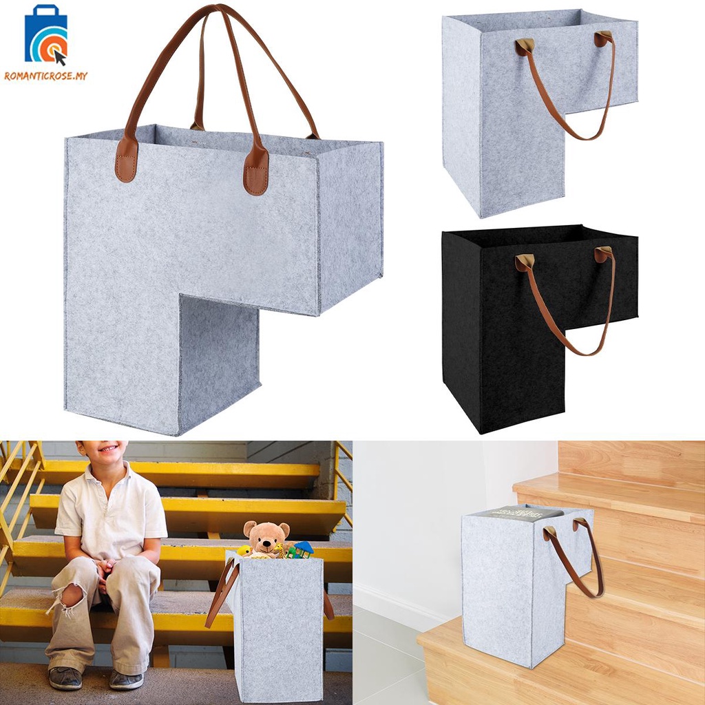 Stair Basket with Leather Handles Felt LShape Stair Step Bin Space