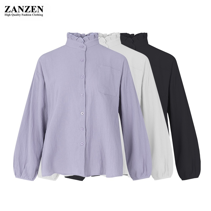 ZANZEN Women's Daily Simple Casual Straight Ruffle Collar Plain Button ...