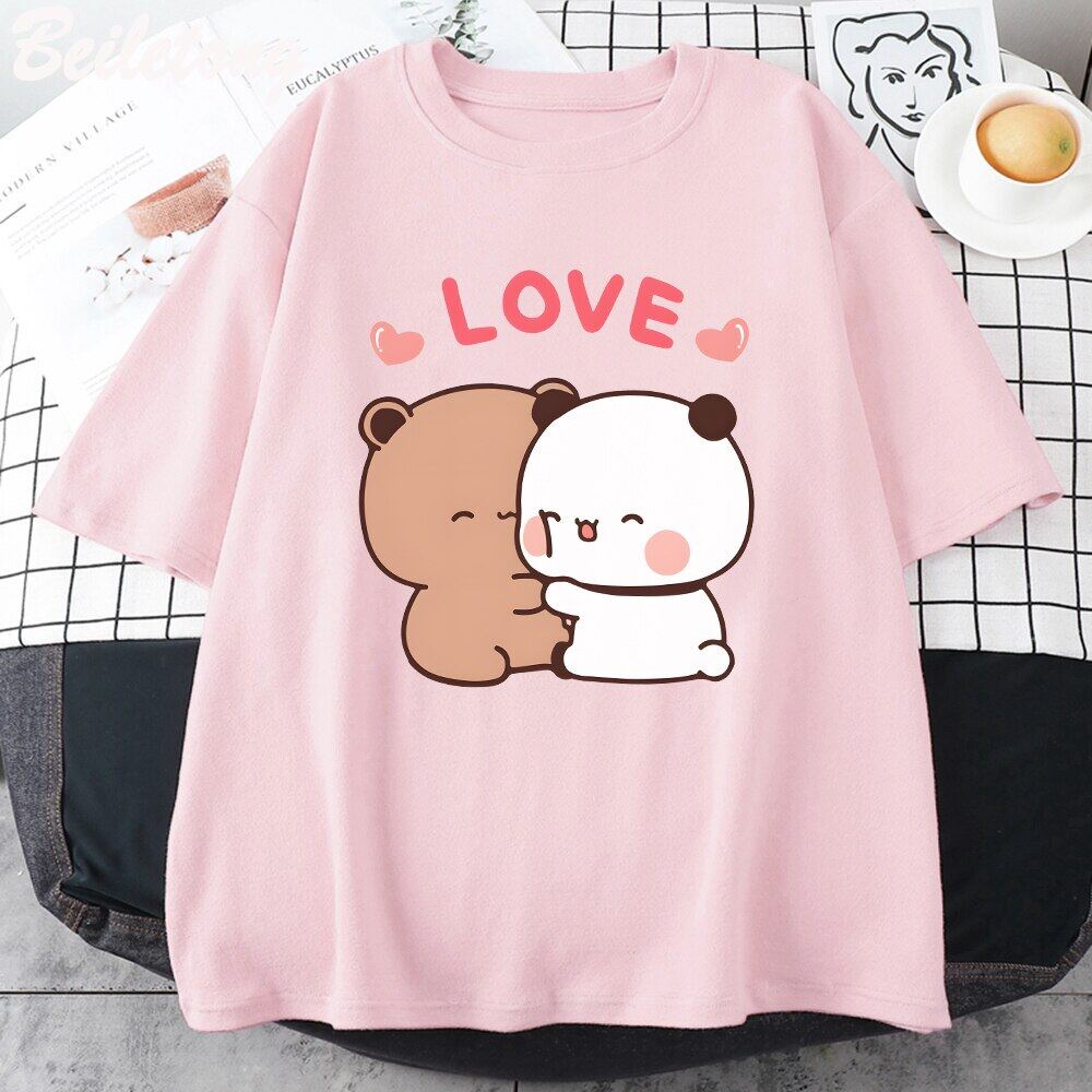 Panda Bear Love T Shirt Womens Bubu Dudu Couple Tops Aesthetic Korean 