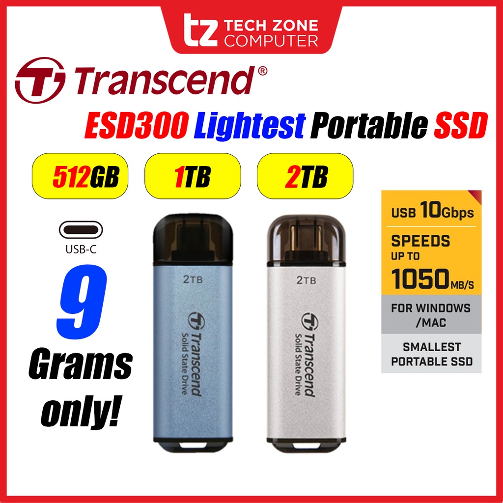 Transcend Esd300 Lightest Portable Ssd Sky Blue Silver 512gb 1tb 2tb Esd300c Shopee 7427