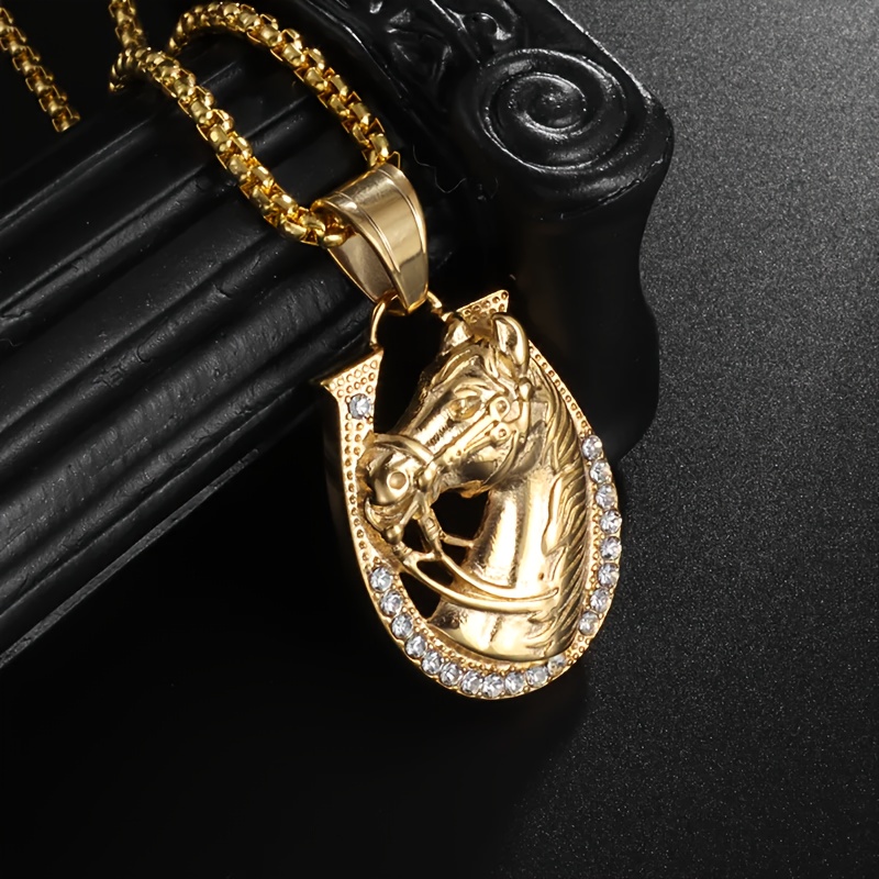 Hip Hop Ice Out Zircon Gold Color Horse Head Pendant Horseshoe Necklace ...