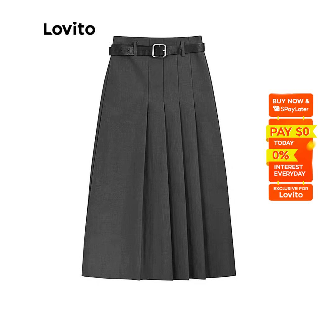 Lovito Casual Plain Pleated Asymmetrical Women Skirt L Ad Grey Lovito Kasual Rok Wanita